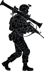 Detailed modern soldier silhouette vector carrying tactical rifle and shoulder fired rocket launcher, military infantry commando illustration for combat game art and patches.
