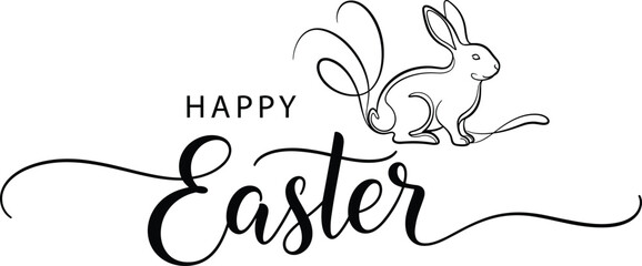 Elegant Happy Easter vector greeting card featuring a minimalist line art bunny silhouette and stylish cursive calligraphy lettering for seasonal spring holiday celebration designs. © Khademul