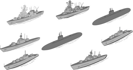 Naval fleet vector set, warship and submarine silhouettes, destroyers and battleships, modern navy vessels and subs, maritime military fleet illustration collection ©  Alexander Creations