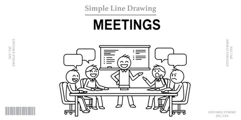 Naklejka premium Business meeting presentation whiteboard team discussion simple line drawing
