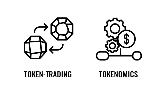 Illustration of token trading with arrows and gem icons, next to tokenomics with gears and dollar sign, representing cryptocurrency exchange and economy.