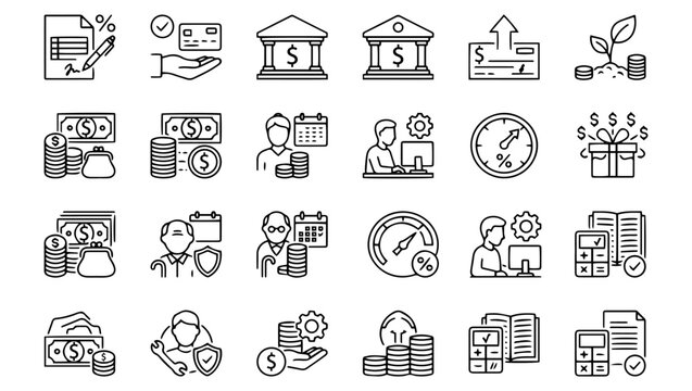 Finance & Economics Line Art Icons Set on PNG Background, finance icons, economics icons, line art icons, outline icons, tax icon, payment icon, bank icon, paycheck icon, investment icon, economy icon