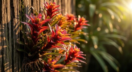 Vibrant red bromeliads growing on a rustic wooden fence in golden hour light.