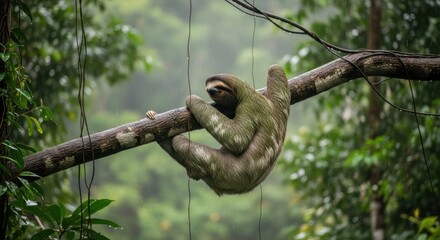 Fototapeta premium Three-toed sloth hanging on a tree branch in a rainy tropical jungle.