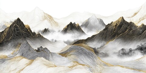 Abstract ink-style mountain range with mist and gold accents. Grayscale and white background