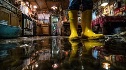 Fototapeta premium Person wearing tall yellow protective footwear stands inside a kitchen heavily covered in standing water