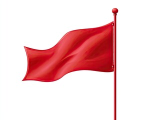 A red flag waves on a red pole against a white background, the cloth billows
