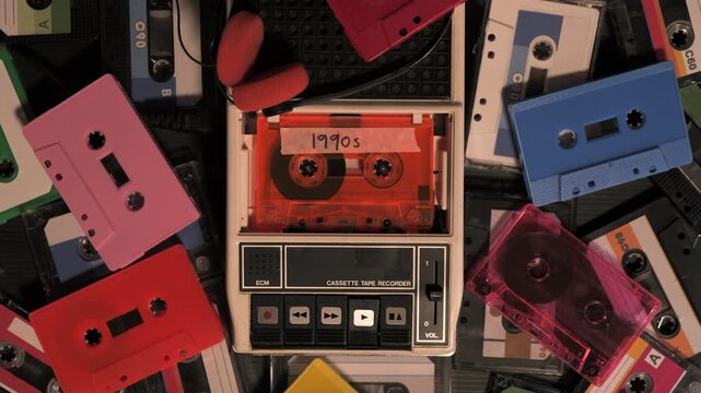 Vintage cassette tape player playing 1990s mixtape