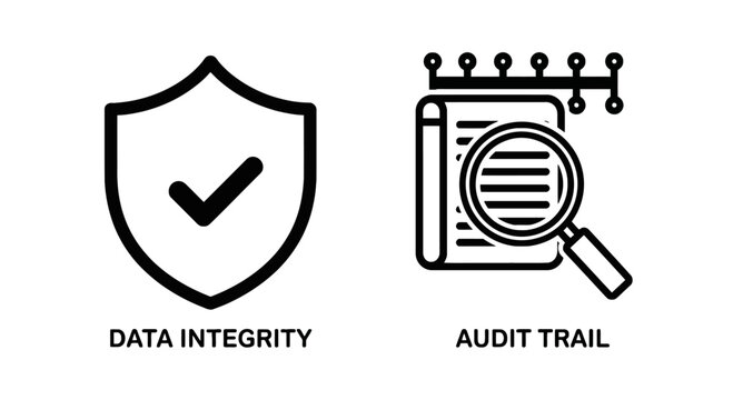 Data integrity and audit trail icons: a shield with a checkmark representing verified data protection, and a magnifying glass over a scroll with circuit board details, symbolizing secure record-keepin