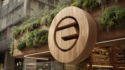 Three dimensional carved wooden emblem is mounted on a facade adorned with lush greenery