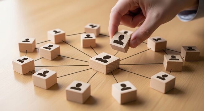 A hand placing a wooden block in a strategic game setup on a table.