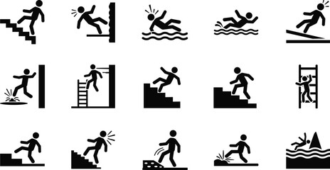 Black and white silhouette illustration set of 15 accident hazard pictograms showing falls, slips, water danger, ladder risks, workplace safety awareness artwork concept © rehna