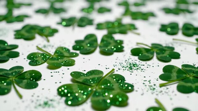 Green four-leaf clovers with glitter on white background