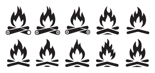  Diverse styles of campfire and bonfire icons for travel and tourism design. vector illustration eps 10