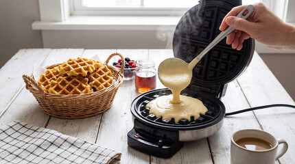 Woman pouring waffle batter into a hot waffle maker with a ladle, concept of homemade breakfast meal preparation for a holiday or celebration.