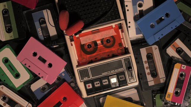Vintage cassette tape recorder playing music Rotating 