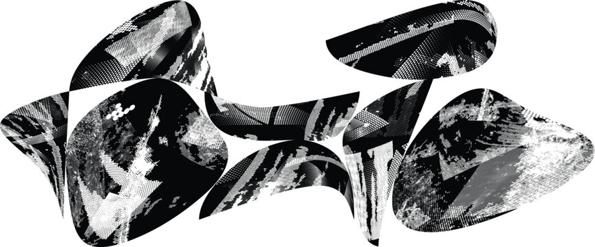 Glitch distorted geometric shape . Noise destroyed logo . Trendy defect error shapes . Glitched .Grunge textured . Distressed effect .Vector shapes with a halftone dots screen print texture.
