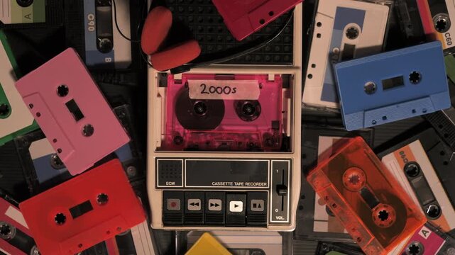 Vintage cassette tape recorder playing music from the 2000s