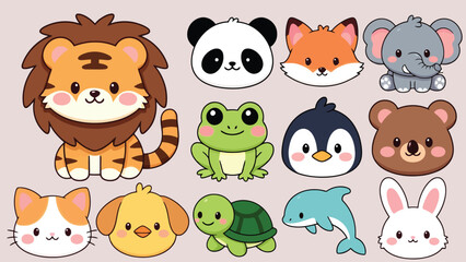 Fototapeta premium Set of 12 cute animal icons vector