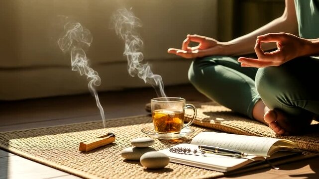 Person practicing meditation with incense tea and journal on mat in peaceful sunlight.