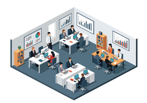 Isometric 3D vector illustration of modern open office with business team collaborating at desks, laptops and charts showing productivity, teamwork and corporate workplace culture