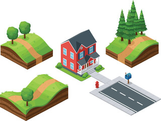 Fototapeta premium Isometric suburban landscape elements vector set, house road trees terrain blocks, isolated on white background