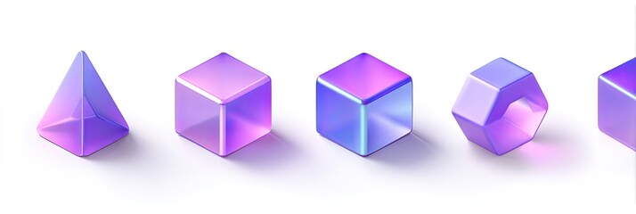 Five isometric geometric shapes in purple and blue gradients cast shadows on a white background