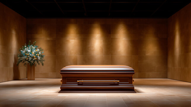 Modern Crematorium Interior Banner with Casket and Clean Copy Space Wide 16:9 composition featuring wooden casket positioned on left third of frame, modern crematorium chamber soft