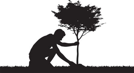 Fototapeta na wymiar Silhouette of person planting a tree on white background