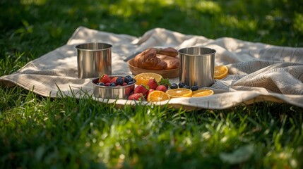 Low angle view of eco friendly food containers and beeswax wraps with fresh berries on green grass in dappled sunlight.