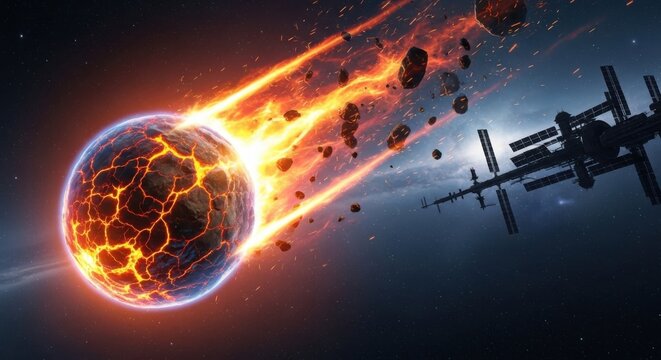 A massive asteroid hurtles through space near a futuristic spaceship with debris scattered around.