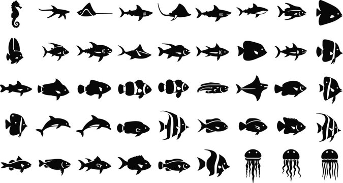 Large collection of black marine life silhouettes including sharks dolphins jellyfish seahorse and various tropical fish species isolated on white background for aquatic nature design