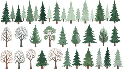 Obraz premium Large collection of evergreen pine trees and deciduous winter tree silhouettes isolated on white background for forest landscape nature design and outdoor woodland projects