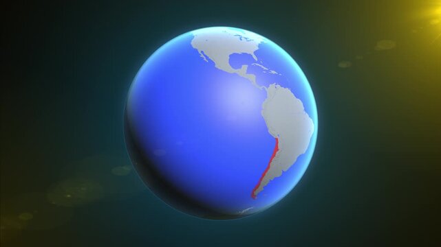 The animation shows a graphic representation of the earth and highlights the location and map of Chile colored red.