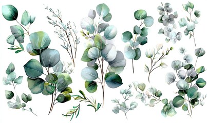 Watercolor illustration of eucalyptus leaves and branches in various arrangements