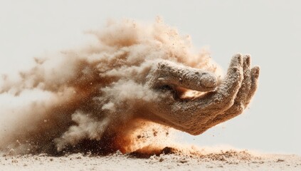 A hand, coated in fine dust, forming a cup, as dust explodes outwards