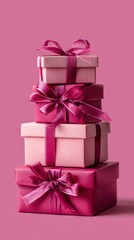 Fototapeta premium A stack of pink boxes with bows on top of each other