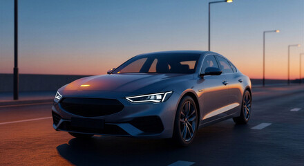Fototapeta premium Modern car driving on urban road at sunset with streetlights 