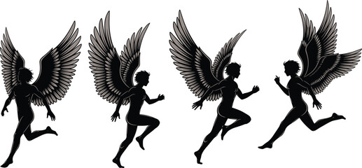 Obraz premium Dynamic winged human silhouette illustration set showing running and leaping poses with feathered wings, fantasy artwork symbolizing mythology, transformation, motion, and transcendence concepts