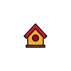 Simple, cartoon-style birdhouse with red roof, yellow walls, brown trim and a round entrance