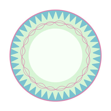 Decorative plate design with blue zigzag edges and pink wavy patterns. Modern circular ceramic ornament for tableware, home decor, and porcelain.