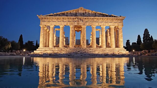 The illuminated Parthenon in Athens reflects beautifully on a calm evening