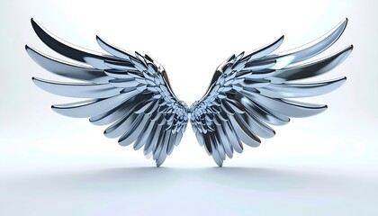 Obraz premium Elegant Silver Wings Symbolizing Freedom and Grace on White Background.