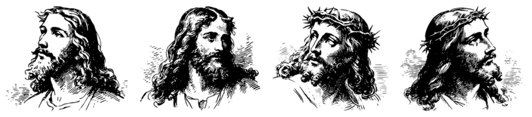 Fototapeta premium Set of vintage hand drawn portraits of Jesus Christ featuring different expressions and crown of thorns