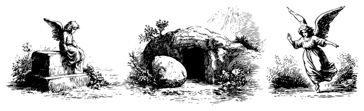 Set of religious illustrations featuring angels and the empty tomb of Christ