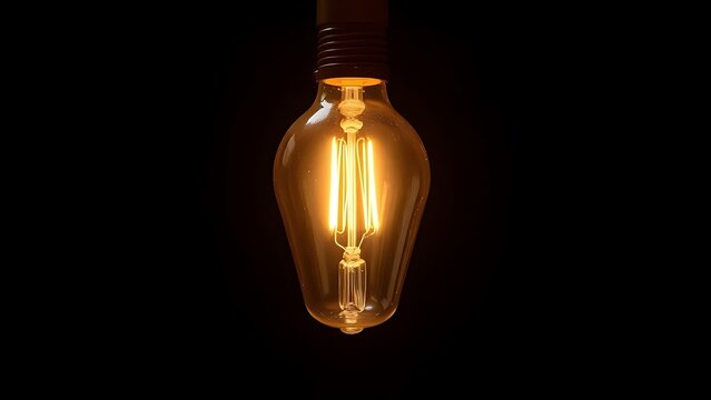 A glowing lightbulb with visible filament, centered in a dark studio setting. product launch decks, UI/UX mockups, designed for product launches and innovation pitches.