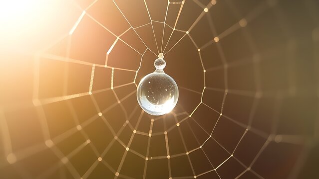 A dewdrop on a spiderweb refracting morning light in a macro view. wildlife magazines, conservation campaigns, designed for wildlife conservation campaigns and eco-tourism storytelling.