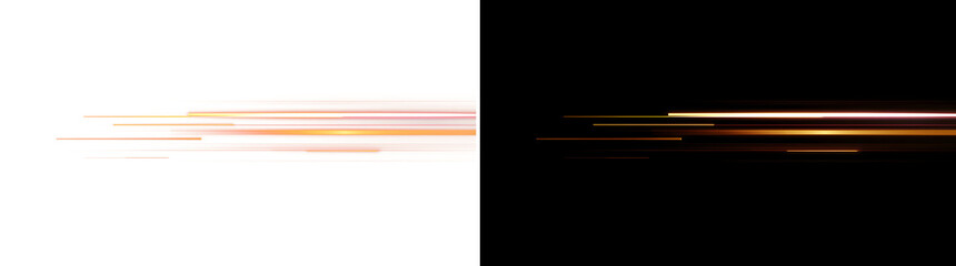 Bright horizontal orange light streak burst with glowing speedline trails and motion blur. Provided as a transparent PNG overlay and as a black background © SERHII