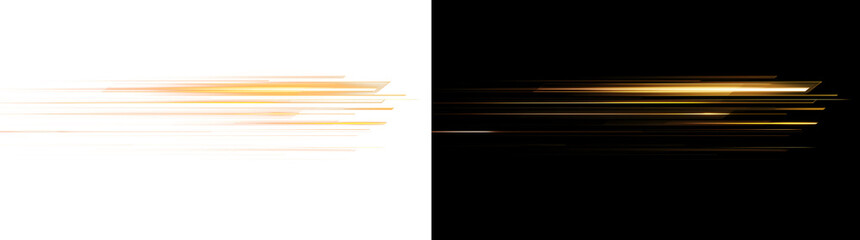 Golden-orange linear speed lines with glowing motion streaks and fast movement effect. Includes both transparent PNG overlay and black background © SERHII