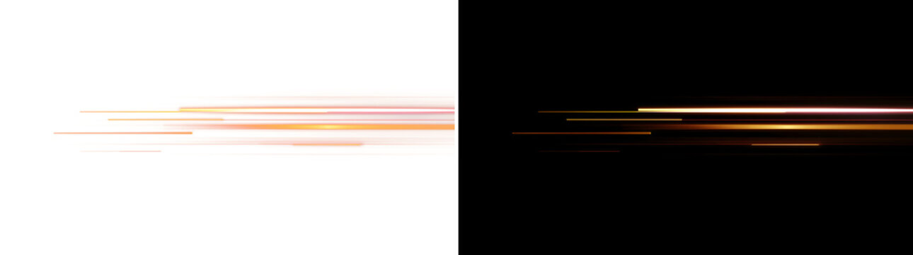 Bright horizontal orange light streak burst with glowing speedline trails and motion blur. Provided as a transparent PNG overlay and as a black background